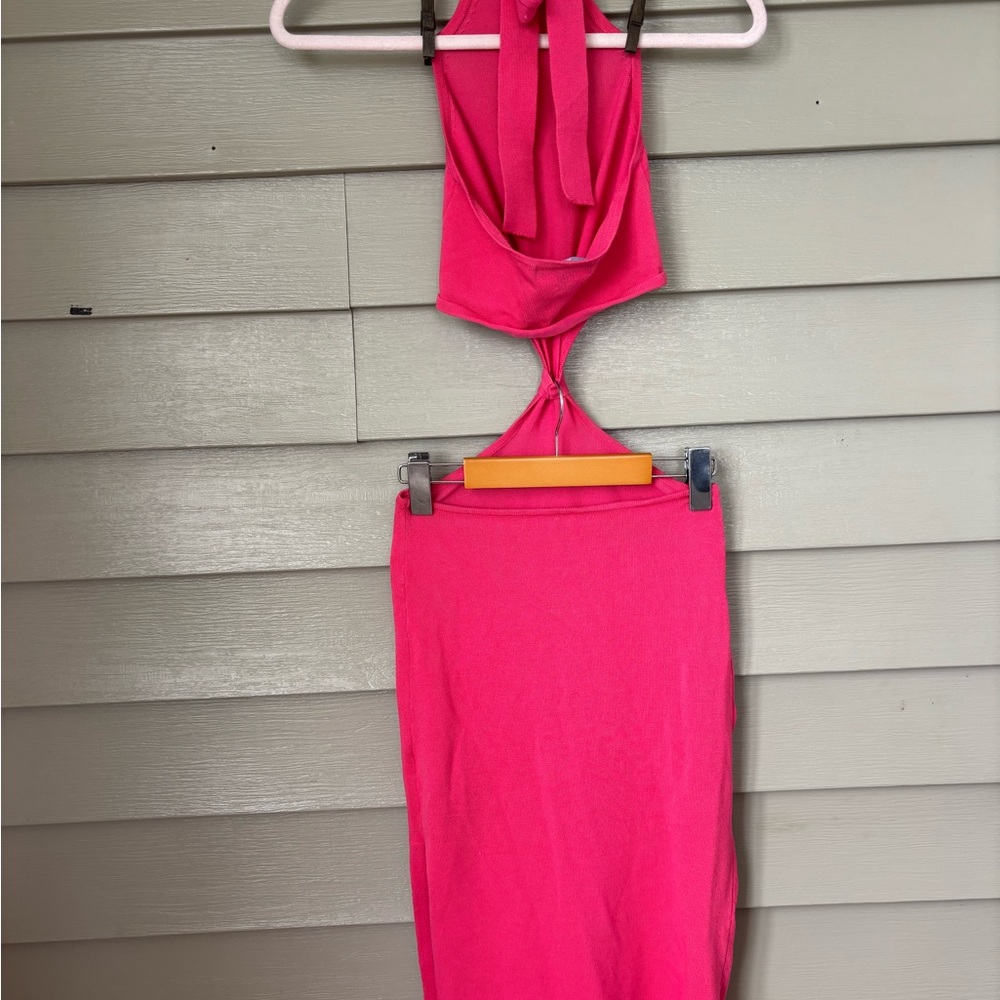 Lulu's Loving It Hot Pink Knit Cutout Midi Dress - Picture 3 of 7